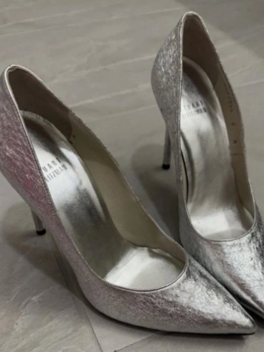 Stuart Weitzman Pointed-Toe Metallic Silver Leather Classic Pumps